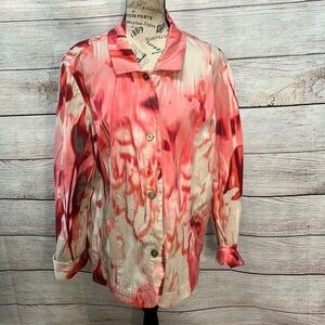 Chico’s Lightweight Jacket Swirls of Pink Pockets Size 3 XL Buttons Collar Cuffs